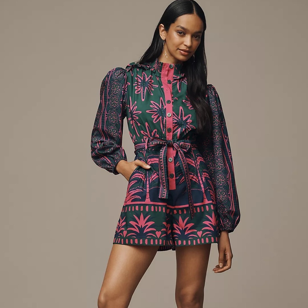 Farm Rio x Anthropologie Mock-Neck Buttondown Romper